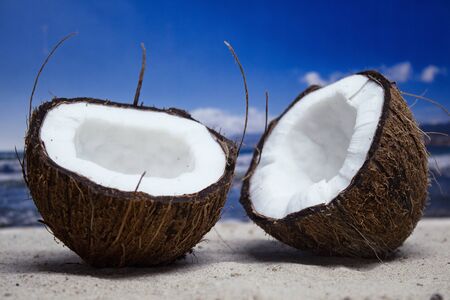 Time to travel. Two halves of coconut on the beach against the backdrop of seaの写真素材