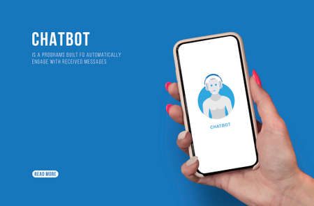 Woman hand holding the black Mockup smartphone with beautiful nails on the background with icon Chatbot. Mobile device isolated on blue colourの写真素材