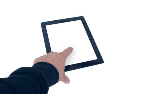 Mock-up technology . The guy is holding a tablet with a white screen on a light background