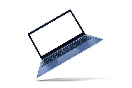 Slim modern laptop with white screen mockup on white background with shadowの写真素材