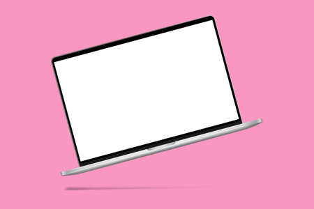 Slim modern laptop with white screen mockup on pink background with shadow