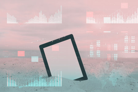 Business analytics with key performance indicators dashboard concept. Mock up tablet with white screen close-up on the beach on the background of the seaの写真素材