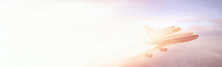 The plane transports a spaceship into space. Shuttle against the background of the sky with clouds...