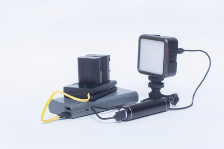 Portable charger charges the batteries for the camera and the on-camera light via a cable. Two power banks on a white backgroundの写真素材