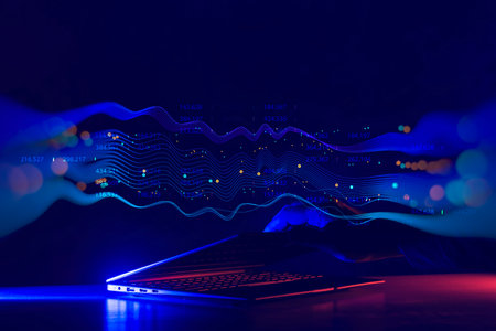Businessman with laptop analyzes financial market data. Futuristic technology solution for business development. Abstract technological background in vibrant colors with blurの写真素材