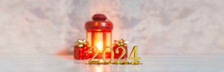 New Year holiday background. Golden numbers 2024 with bright glowing lights and a lamp with hot candlesの写真素材