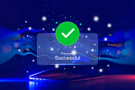 laptop displays a Payment Successful notification with a green checkmark, set against a dynamic blue...
