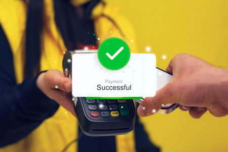 Smartphones near a POS terminal displaying a Payment Successful notification with a green checkmark. Online payment conceptの写真素材