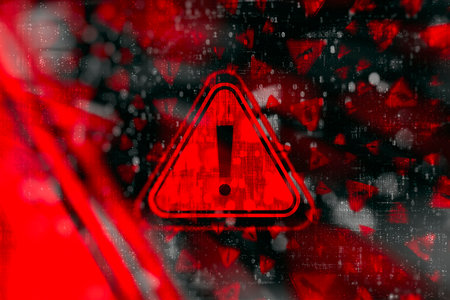 Cybersecurity warning with red warning symbol with digital glitch and binary code. Concept of cyberattacks, data breaches and information security threats.の写真素材