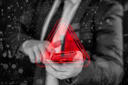 Smartphone cybersecurity threat - A businessman with a smartphone is under digital attackの写真素材
