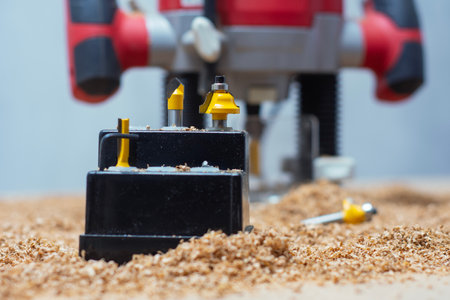 Close-up of woodworking router bits on a sawdust-covered surface, showcasing a power tool in the background. Powerful tool for construction and DIY projectsの写真素材