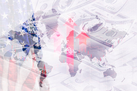 Tariffs on imports into the United States of America. World map with US dollar banknotes with US...
