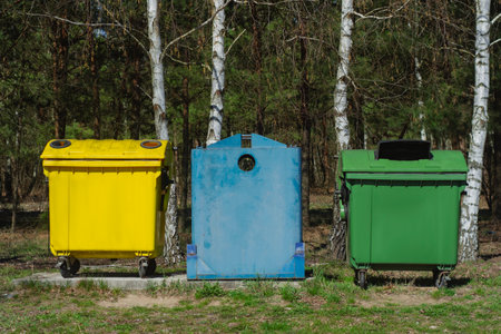Three colorful recycling bins, yellow, blue, and green stand in forest. Eco-friendly waste sorting and sustainabilityの写真素材