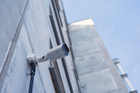 CCTV camera on the wall of a residential building for surveillance and protection in an urban area