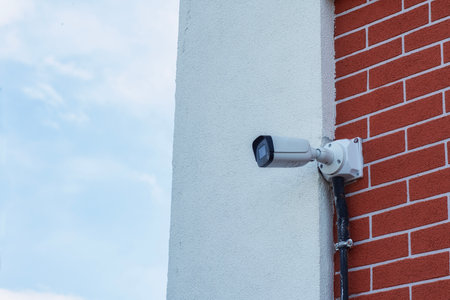 CCTV camera on the wall of a residential building for surveillance and protection in an urban area