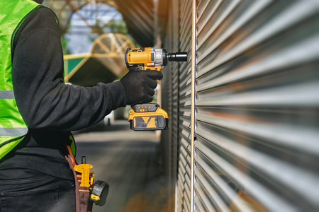 Close-up construction worker wearing high visibility safety vest and protective gloves, holding a...