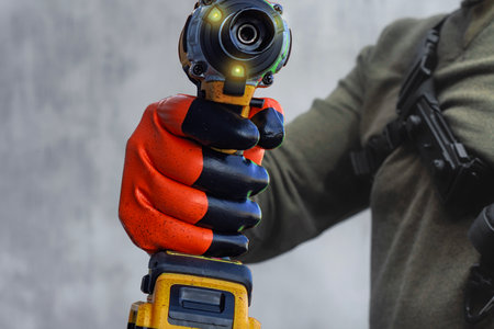 Close-up cordless impact wrench pointed directly at the camera, held by a worker in bright orange...