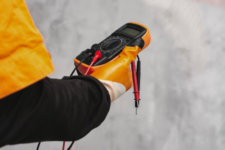 Electrician wearing a protective glove, holding a digital multimeter. Yellow colored instrument with connected test leads for measuring voltage, current and resistance in electrical systemsの写真素材
