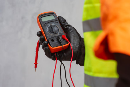 Electrician wearing a protective glove, holding a digital multimeter. Orange colored instrument with connected test leads for measuring voltage, current and resistance in electrical systemsの写真素材