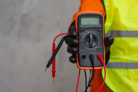 Electrician wearing a protective glove, holding a digital multimeter. Orange colored instrument with connected test leads for measuring voltage, current and resistance in electrical systemsの写真素材