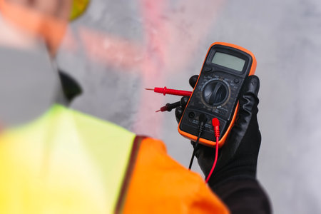 Electrician wearing a protective glove, holding a digital multimeter. Orange colored instrument with connected test leads for measuring voltage, current and resistance in electrical systemsの写真素材