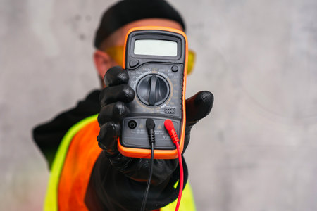 Electrician wearing a protective glove, holding a digital multimeter. Orange colored instrument with connected test leads for measuring voltage, current and resistance in electrical systemsの写真素材