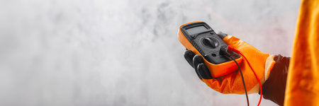 Electrician wearing a protective glove, holding a digital multimeter. Orange colored instrument with connected test leads for measuring voltage, current and resistance in electrical systemsの写真素材