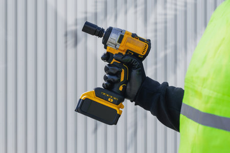 Worker in a bright reflective vest holds a yellow percussion tool at a construction site. The concept of safety for construction workersの写真素材