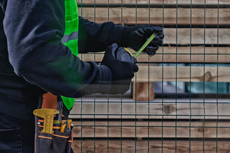 Worker measuring with a yellow tape at a construction site, wearing a green safety vest for visibilityの写真素材