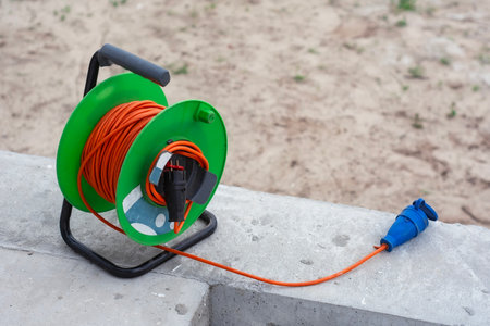 Portable green cable reel with a long orange extension cord and blue industrial plug, on a concrete surfaceの写真素材