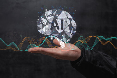 Man hold a virtual hologram of an artificial intelligence brain with waves of digital data and futuristic technological elements. Concept artificial intelligence, machine learning and data processingの写真素材