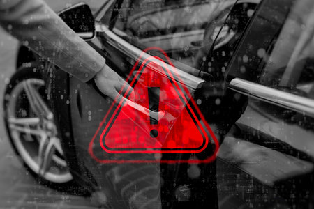 A driver opens a door in a modern vehicle with a red warning sign and an overhead digital code. Concept of cybersecurity risks, hacking threats and digital securityの写真素材