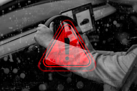 A driver holds the steering wheel in a modern car with a red warning sign and an overhead digital code. Concept of cybersecurity risks, hacking threats and digital securityの写真素材