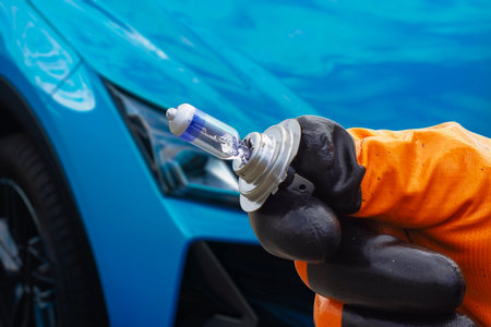 Mechanic wearing protective gloves holds a halogen car headlight bulb near the front of a modern car. Concept of car maintenance or bulb replacementの写真素材