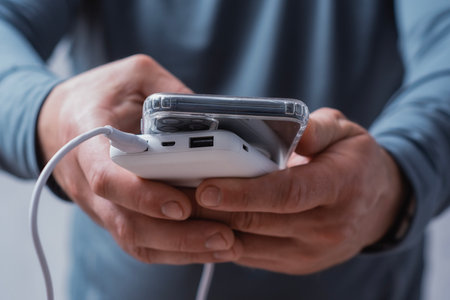 Close-up of a man holding a power bank and charging a smartphone. Portable charger for phone and gadgetsの写真素材