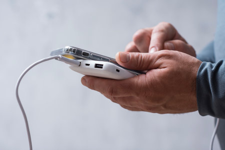 Close-up of a man holding a power bank and charging a smartphone. Portable charger for phone and gadgetsの写真素材