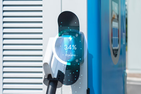 Close-up electric vehicle charging station with a futuristic digital interface showing the charging progress. Concept sustainable transportation, clean energy and infrastructure for electric vehiclesの写真素材