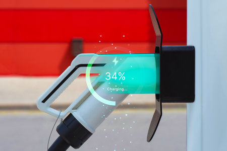 Close-up electric vehicle charging station with a futuristic digital interface showing the charging progress. Concept sustainable transportation, clean energy and infrastructure for electric vehiclesの写真素材