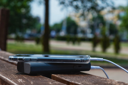 A modern Smartphone is connected to a portable Power Bank via USB cable, resting on a wooden bench in an outdoor environment. Concept tech lifestyles, outdoor connectivity and travelの写真素材