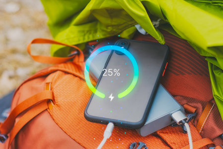 Smartphone charging with a portable power bank, with nature and a bicycle in the background. The digital graph shows the percentage level of battery chargeの写真素材