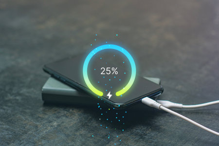 Charge your smartphone with a 25 percent charge power bank on a textured surface. A concept of technology and portable station for batteryの写真素材