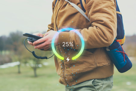 A traveler in the mountains charges his Smartphone with portable Power Bank. The battery indicator...