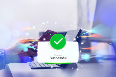 Notification of a successful online payment. A person is holding a credit card while making an online transaction through a tablet. Concept for e-commerce and online transactionsの写真素材