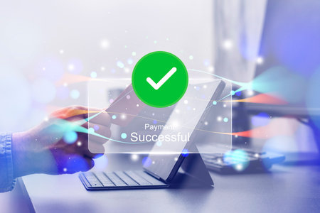 Notification of a successful online payment. A person is holding a credit card while making an online transaction through a tablet. Concept for e-commerce and online transactionsの写真素材