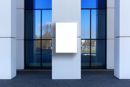 White Mockup of a blank white billboard mounted on a light colored column of a modern office building with a glass facade. Poster for displaying advertisements and informational messagesの写真素材