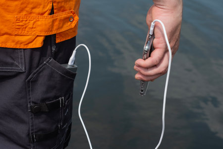 Close-up of a man hand holding a smartphone connected to portable power bank charger. Concept mobility, connectivity and the need for extra energyの写真素材