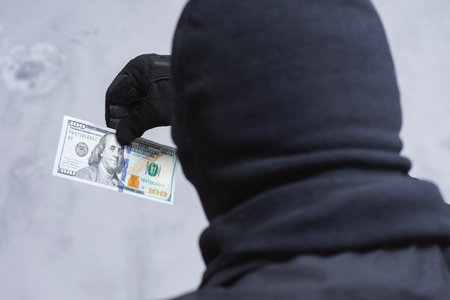 A mysterious figure dressed in a black mask and gloves holds a US hundred dollar bill. Concept bribery, financial crimes, money laundering and corruptionの写真素材