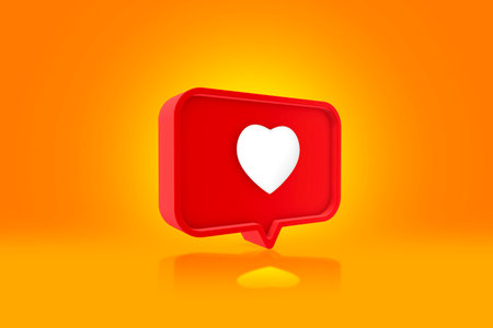 3D social media like notification icon with white heart symbol inside a red speech bubble, isolated on a vibrant orange background. Concept social media engagement, and likesの写真素材