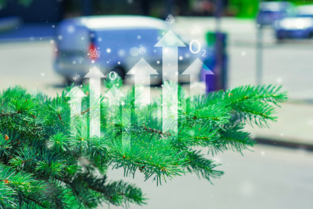 Green branches of pine trees in a city with overlaid infographic arrows and oxygen symbols. Concept of air purification and environmental impactの写真素材