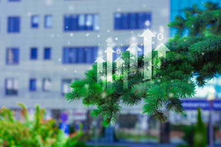 Green branches of pine trees in a city with overlaid infographic arrows and oxygen symbols. Concept of air purification and environmental impactの写真素材